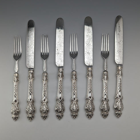 Circa 1860 British antique silver handle cutlery, 4 pairs, Harrison Brothers & Howson